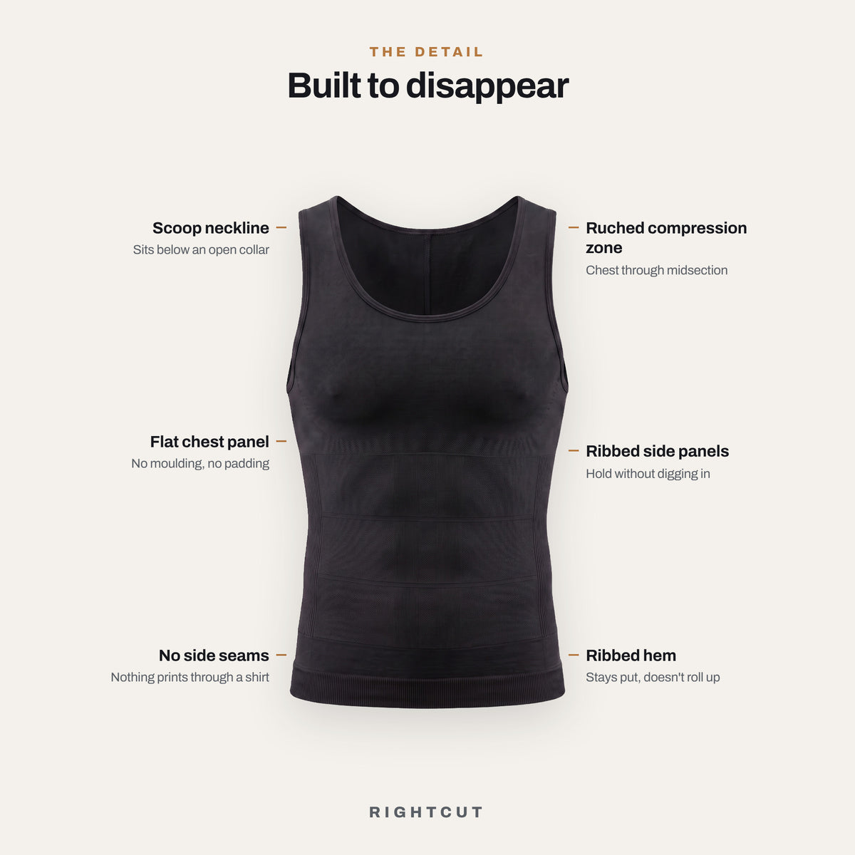 Labelled detail: scoop neckline, flat chest panel, no side seams, ruched compression zone, ribbed side panels and hem