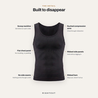 Labelled detail: scoop neckline, flat chest panel, no side seams, ruched compression zone, ribbed side panels and hem