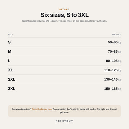 Sizing: S to 3XL with weight ranges