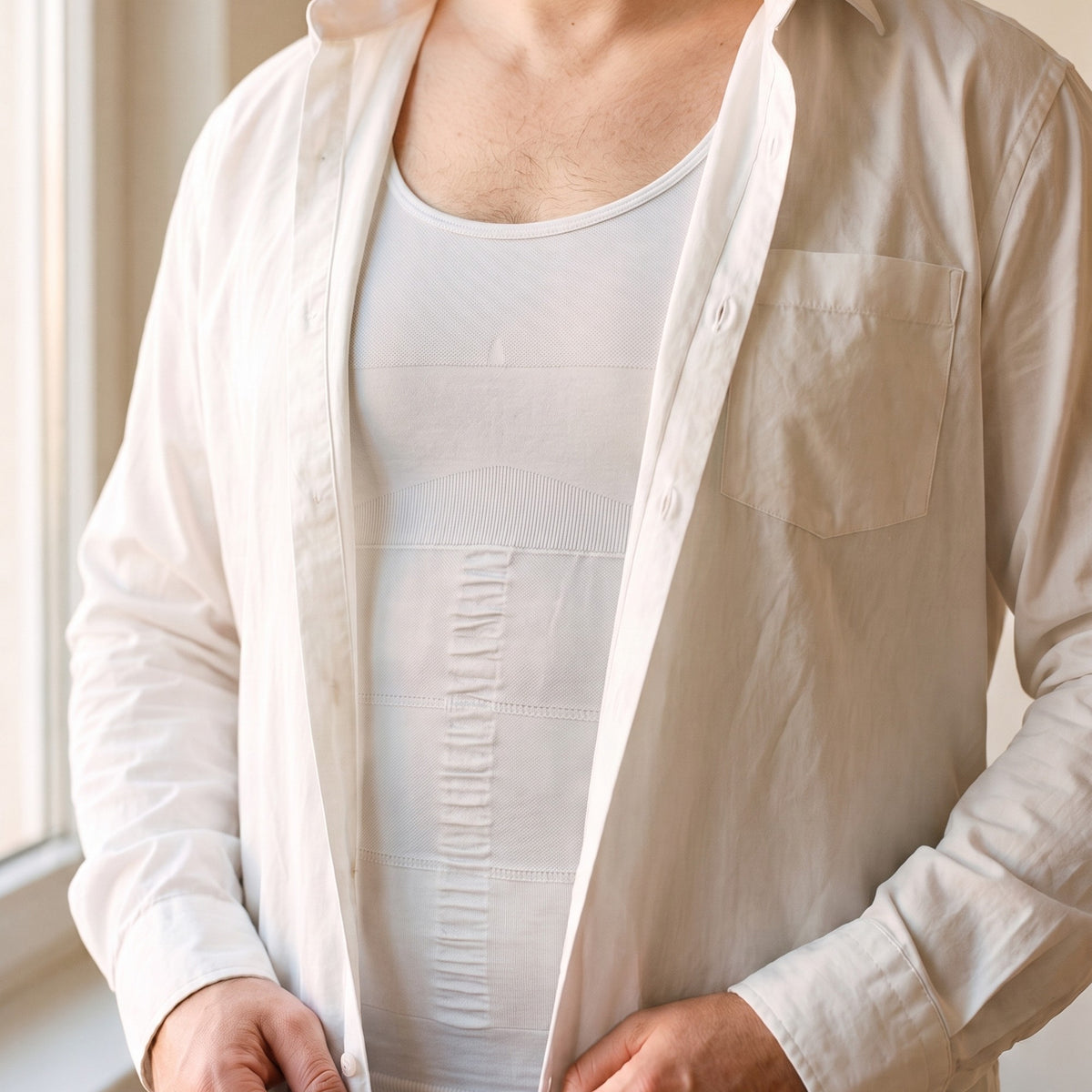 The white vest worn under an open white shirt