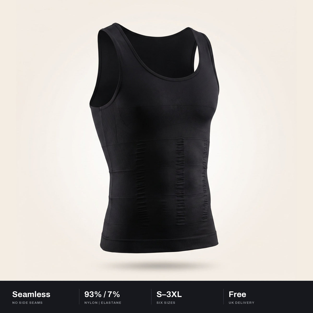 Rightcut seamless compression vest, front view, with key specifications